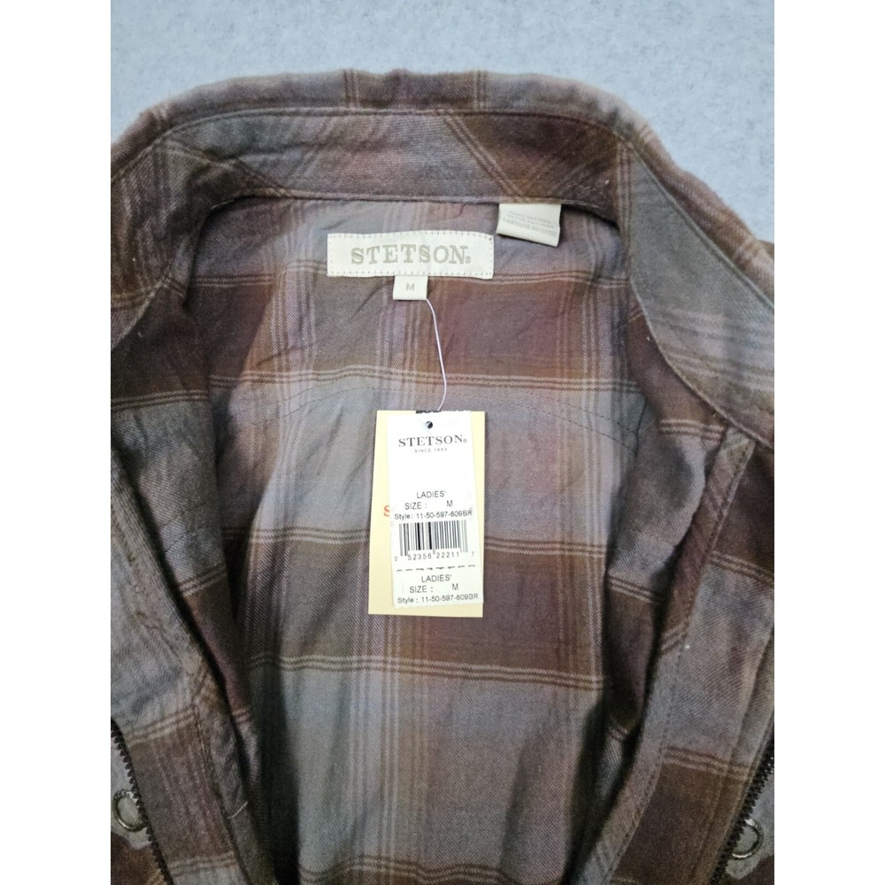Stetson Women's M Brown Plaid Check Full Zip 100% Cotton Shirt CowgirlCore NWT - Picture 9 of 13